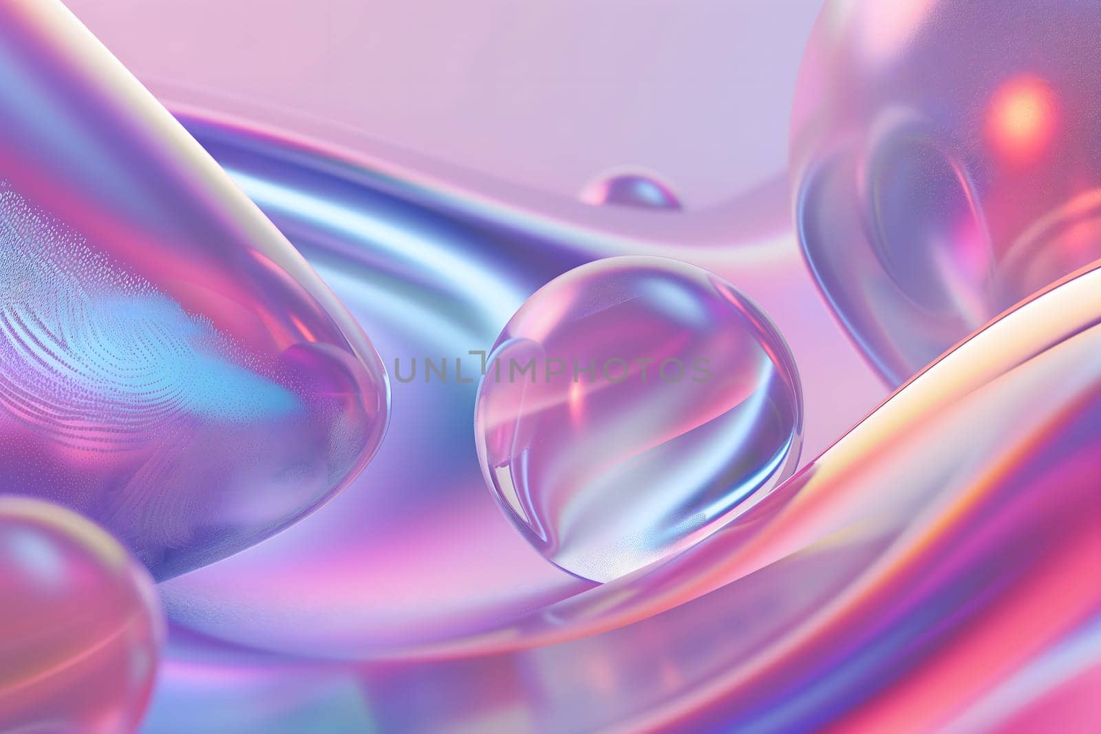 Colorful bright dreamy holo glass bubbles and waves background and wallpaper. Neural network generated in January 2024. Not based on any actual scene or pattern.