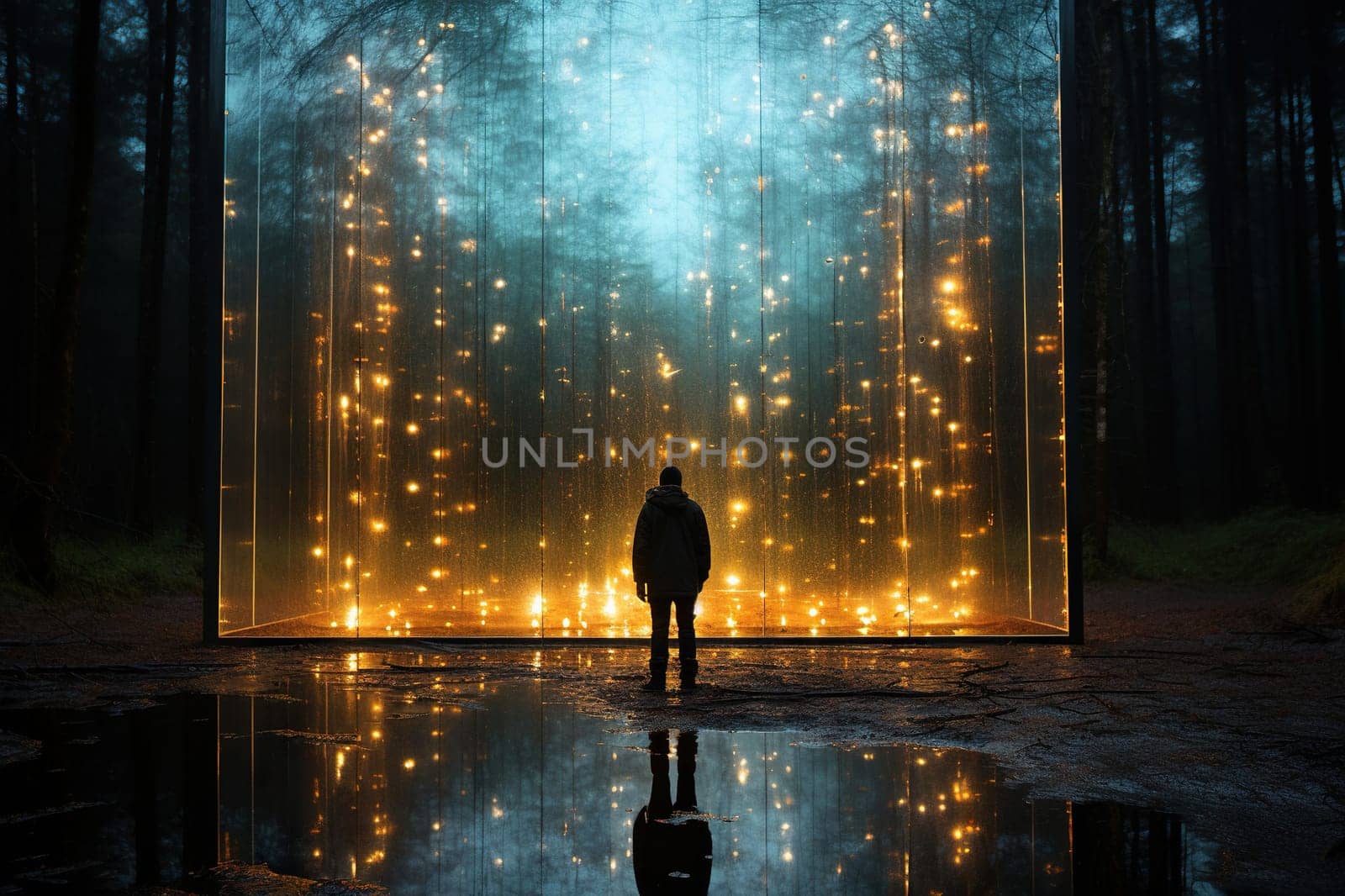 A man looks at mystical lights in the middle of a dark forest.