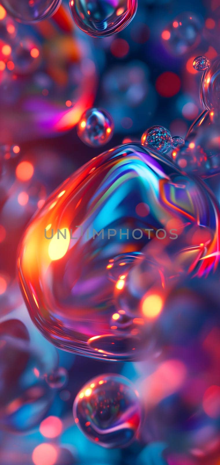 Colorful glass bubbles and waves background and wallpaper. Neural network generated in January 2024. Not based on any actual scene or pattern.