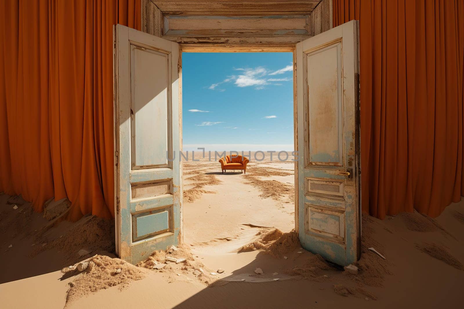 An old abandoned room in the sand in the middle of the desert. An open door to the desert.