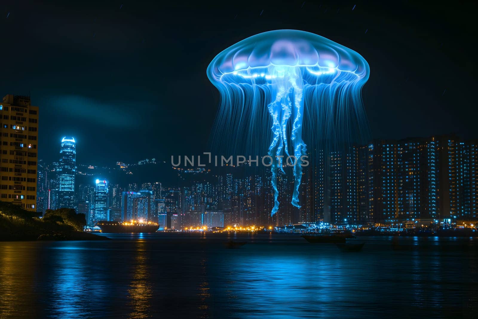 Glowing blue jellyfish UFO over night city. Neural network generated image. Not based on any actual scene or pattern.