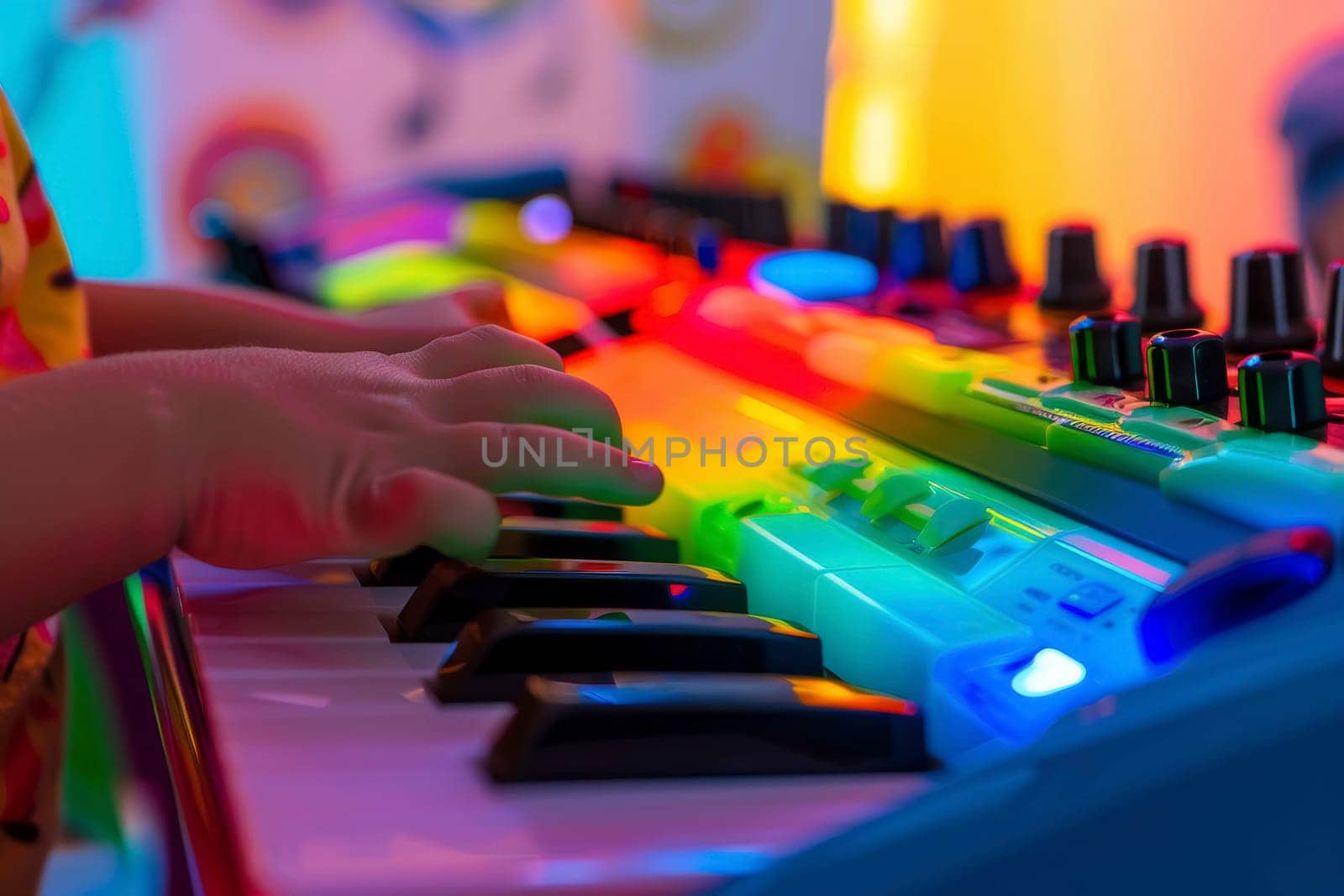 A child's hand presses down on the vibrant keys of an electronic keyboard. The image captures the joy and exploration of music through colorful light and sound