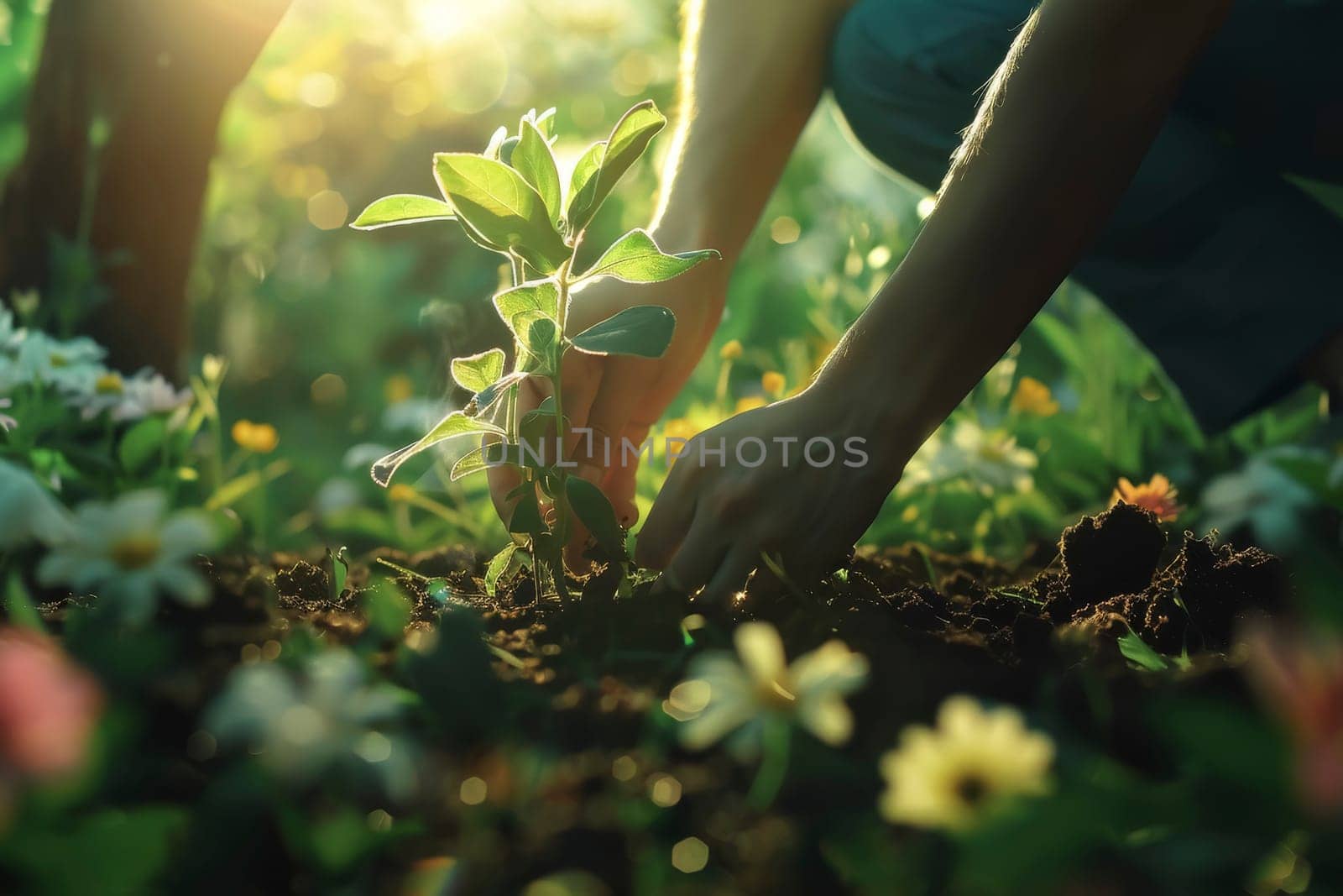 Hands tenderly plant a tree amidst a flourish of garden flowers, under the soft sparkle of the morning sun. It symbolizes growth and nurturing
