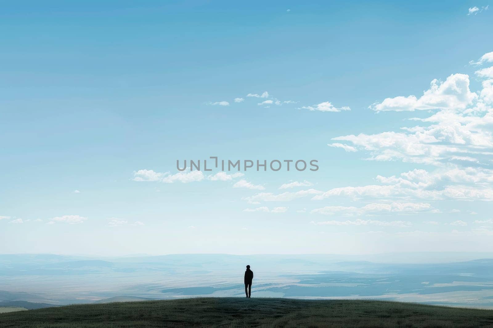 A lone individual stands atop a hill, gazing into the distance under a vast, clear sky. The immense openness speaks to the concept of freedom and the smallness of our place in the vast world.