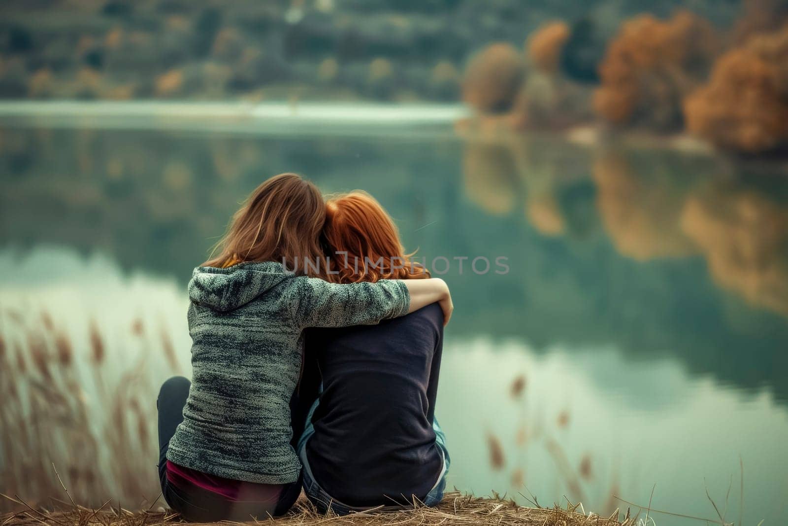 Two friends sit closely on a hill, overlooking the serene waters of a lake. They share a moment of quiet companionship in a scenic landscape