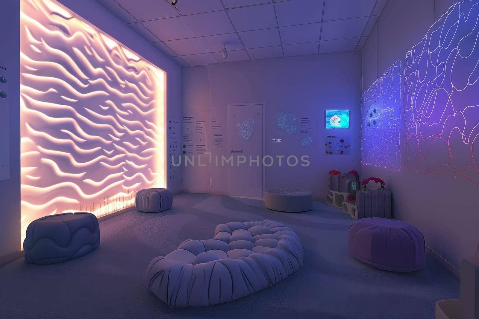 A modern sensory integration room designed for therapeutic use glows with LED lights. The space is equipped to aid in the developmental therapy for children with sensory processing disorders.
