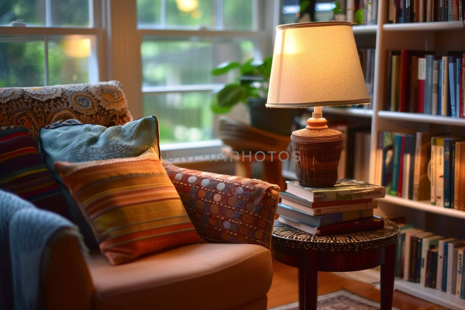 A warm and inviting reading nook adorned with a plush armchair, vibrant cushions, and a lamp, nestled beside a window and a shelf brimming with books. The evening glow adds a tranquil atmosphere