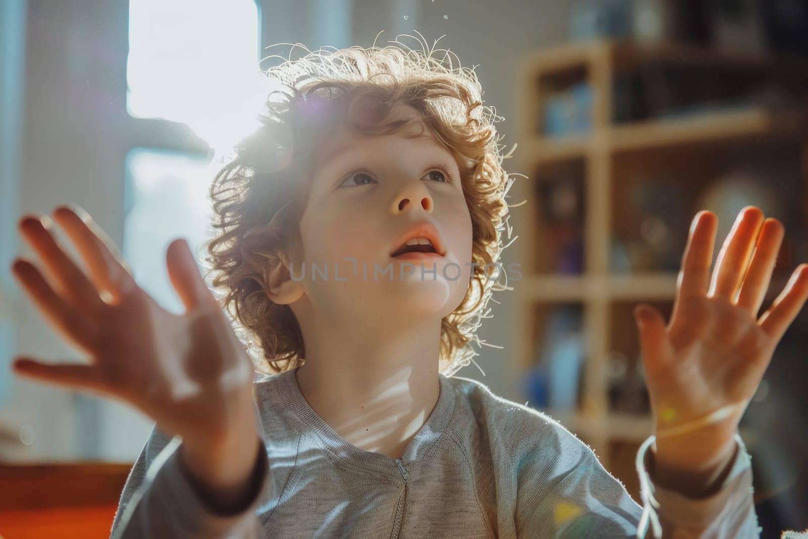 A curly-haired child gazes with curiosity and wonder, illuminated by the gentle rays of sunlight streaming through a window. The soft indoor light plays on the features, highlighting a sense of awe.