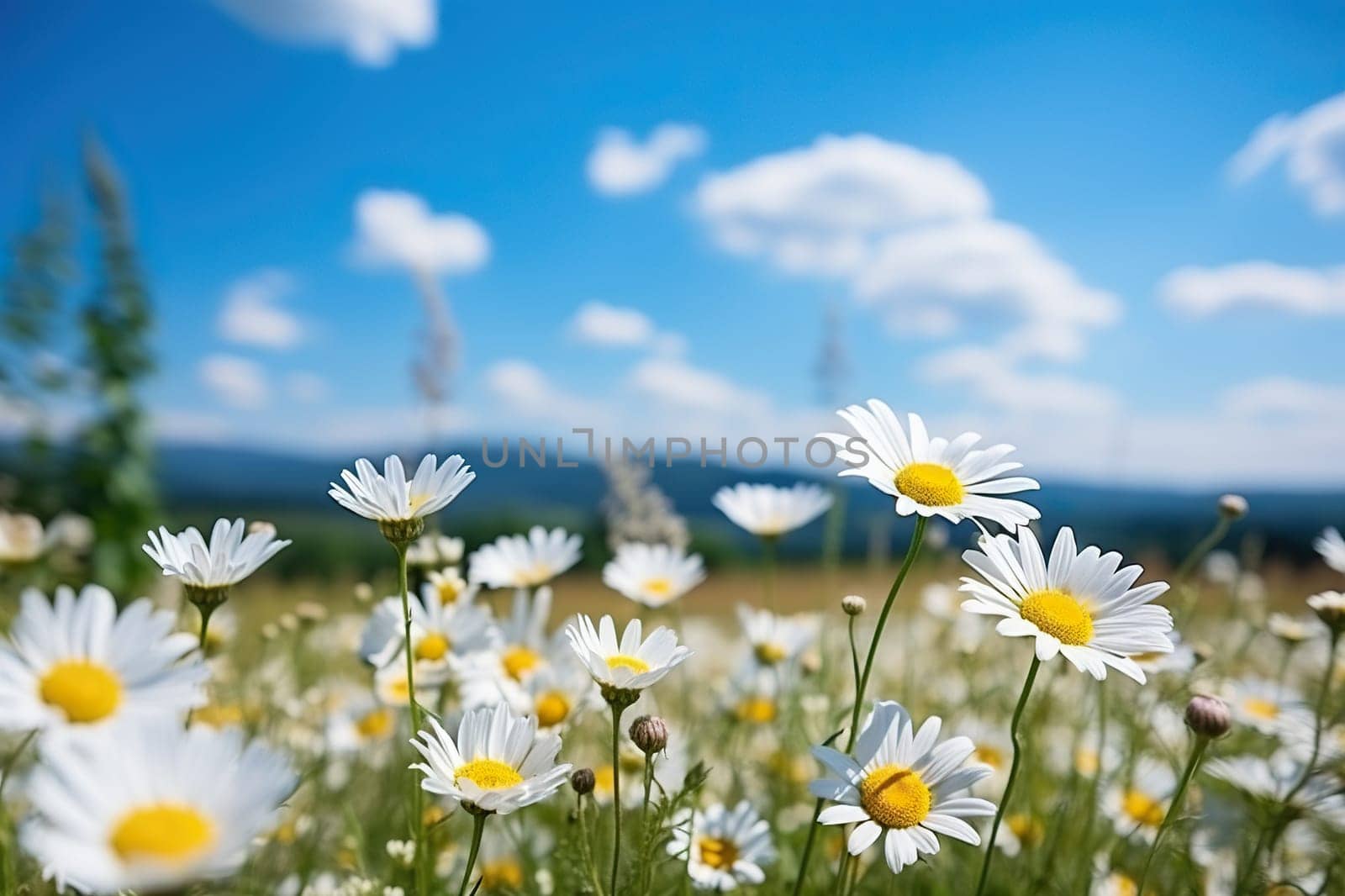 Wild field daisies on a sunny day. Summer chamomile background. Generated by artificial intelligence by Vovmar