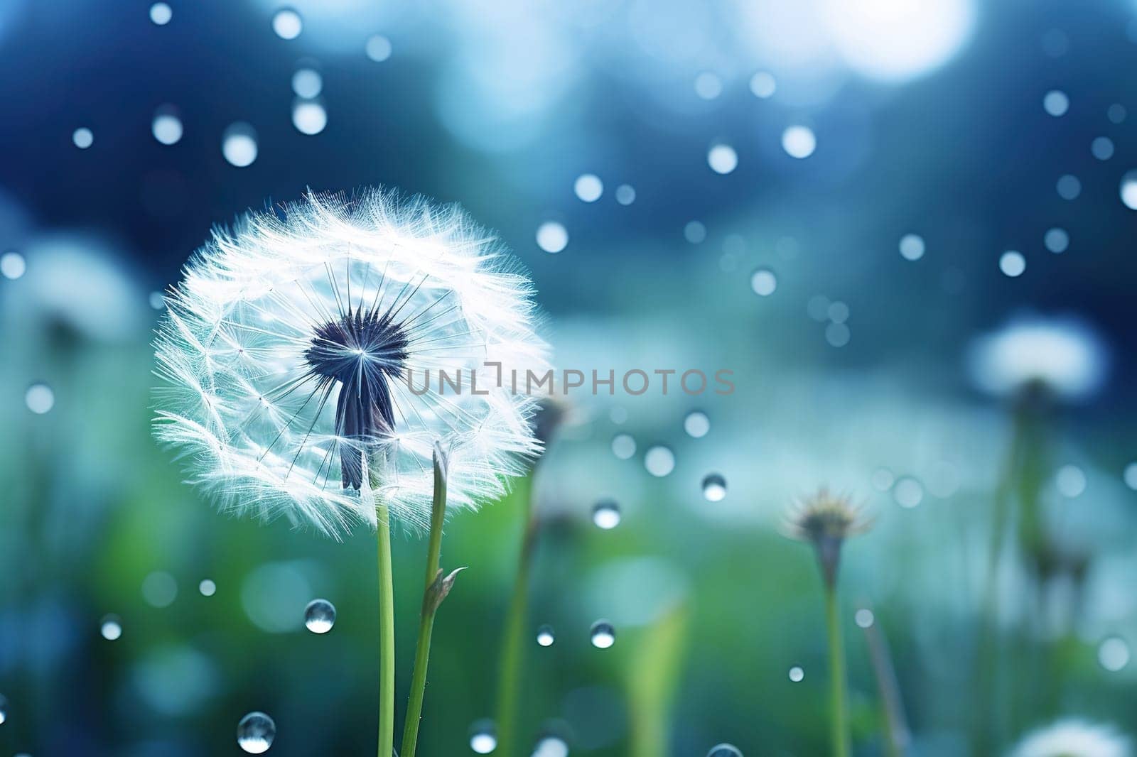 Dandelion and its seeds on a blue blurred background. Spring, summer background.