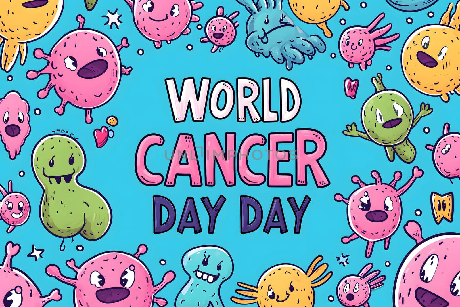 Simple cartoon world cancer day background with the inscription on it, surrounded with colorful happy tumors. Neural network generated image. Not based on any actual scene or pattern.