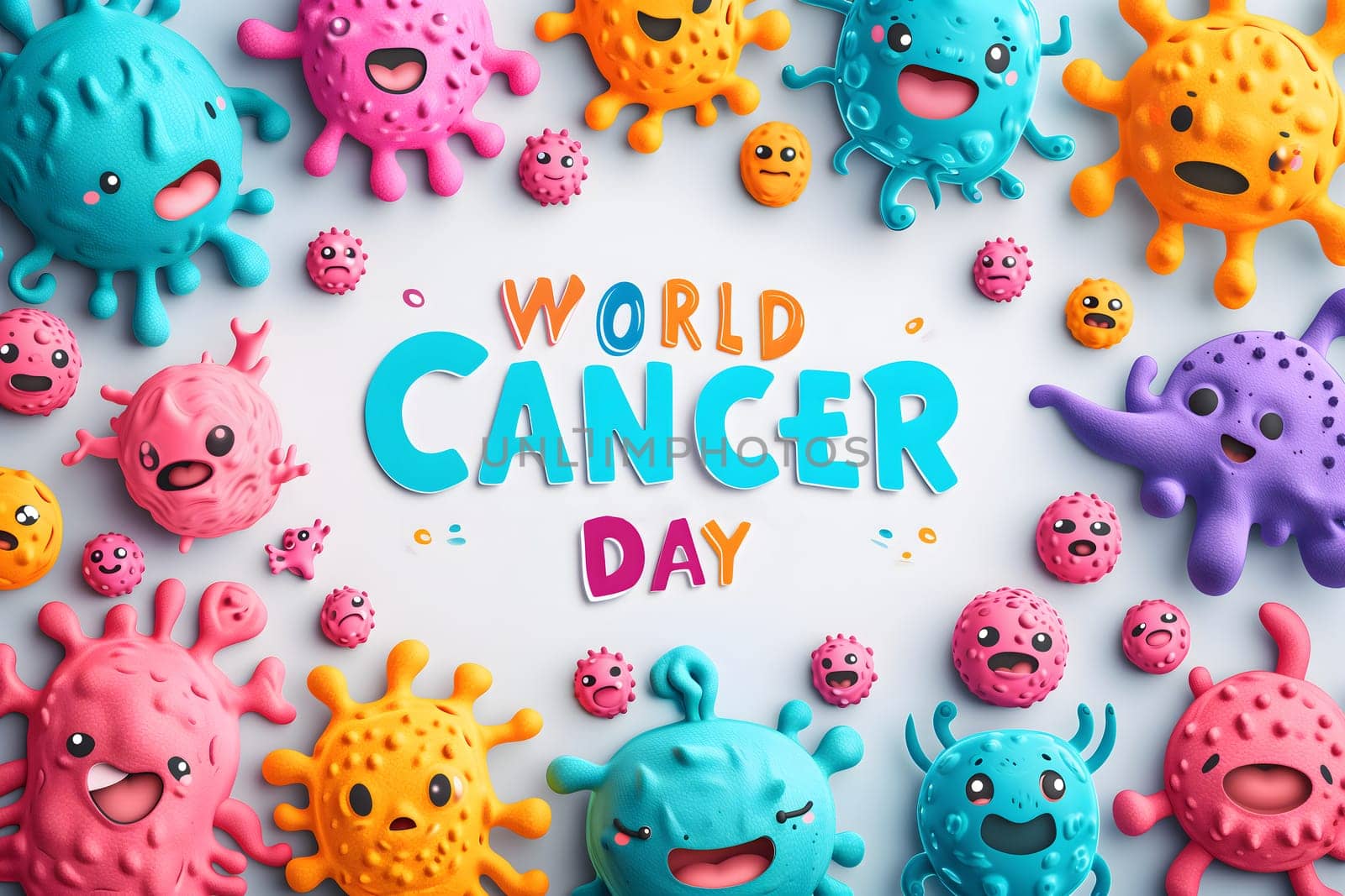 Simple cartoon world cancer day background with the inscription on it, surrounded with colorful happy tumors. Neural network generated image. Not based on any actual scene or pattern.