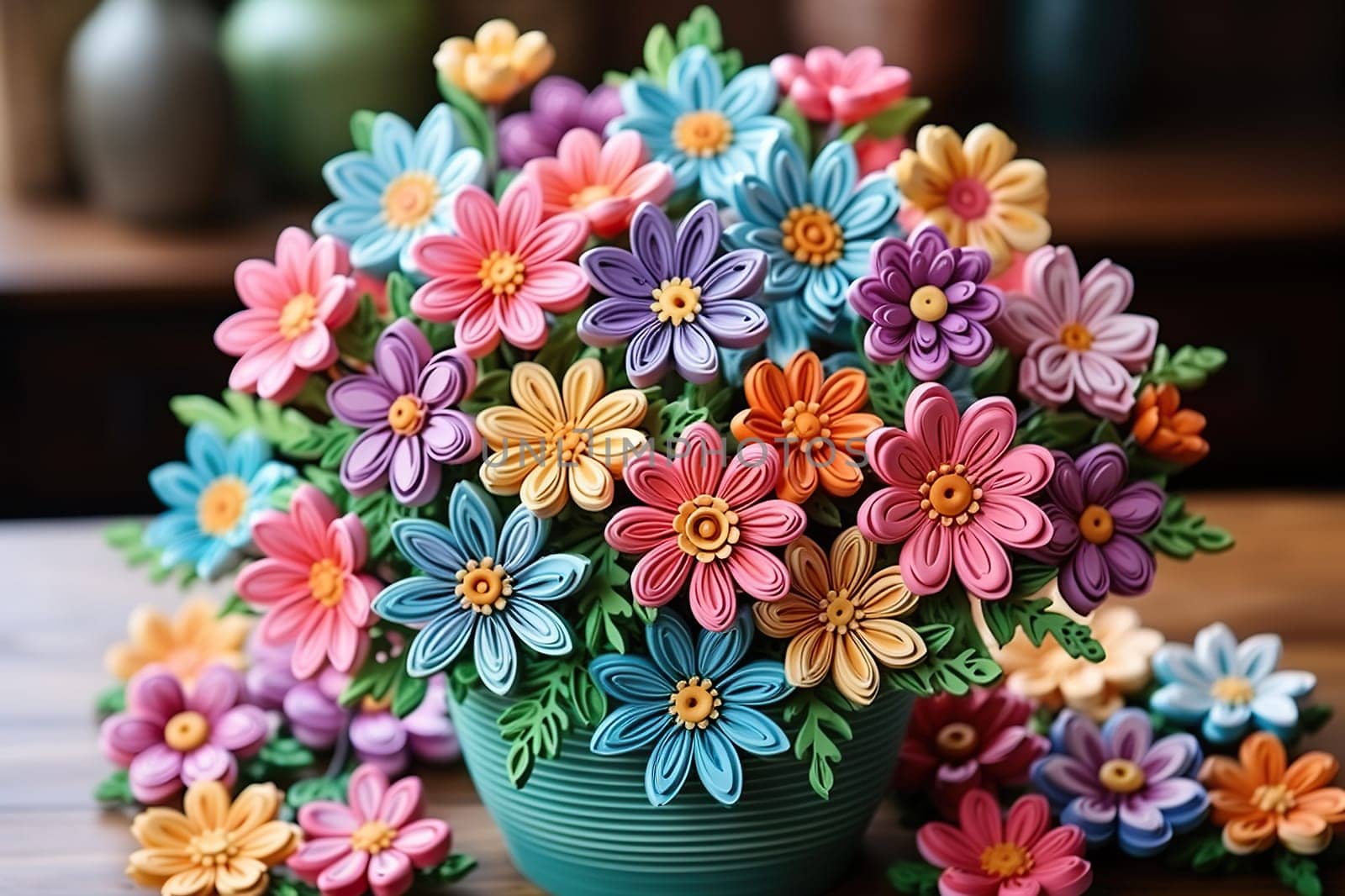 A bouquet of flowers cut out of paper in a vase on the table.