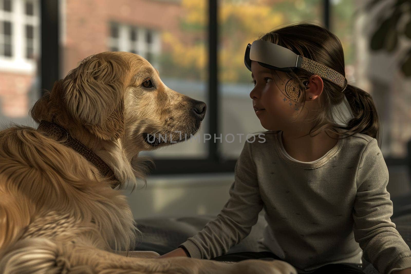 A young child wearing a unique headband gazes intently at a gentle golden retriever in a warm, sunlit room. This intimate moment captures the therapeutic bond between animals and children with autism