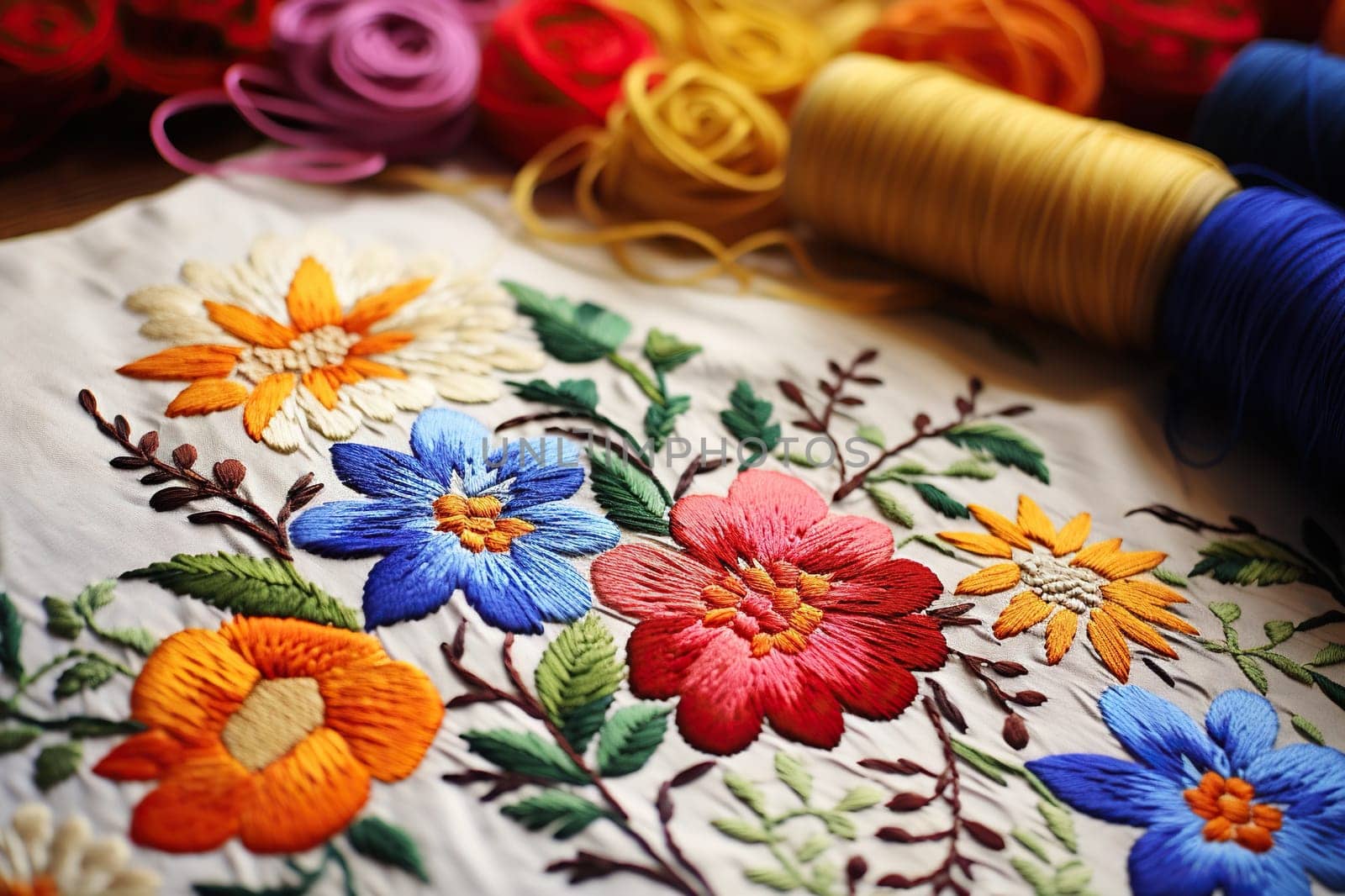 Embroidery. Flowers embroidered with multi-colored threads on canvas.