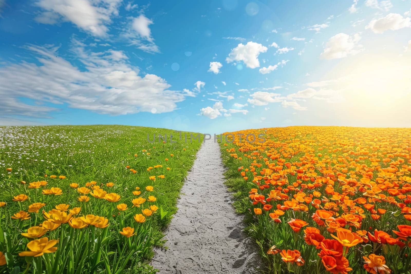 A breathtaking path through a vibrant field of wildflowers leads towards a radiant sunrise, symbolizing hope and new beginnings. The mixture of colorful flora under a dynamic sky evokes a sense of wonder and possibility