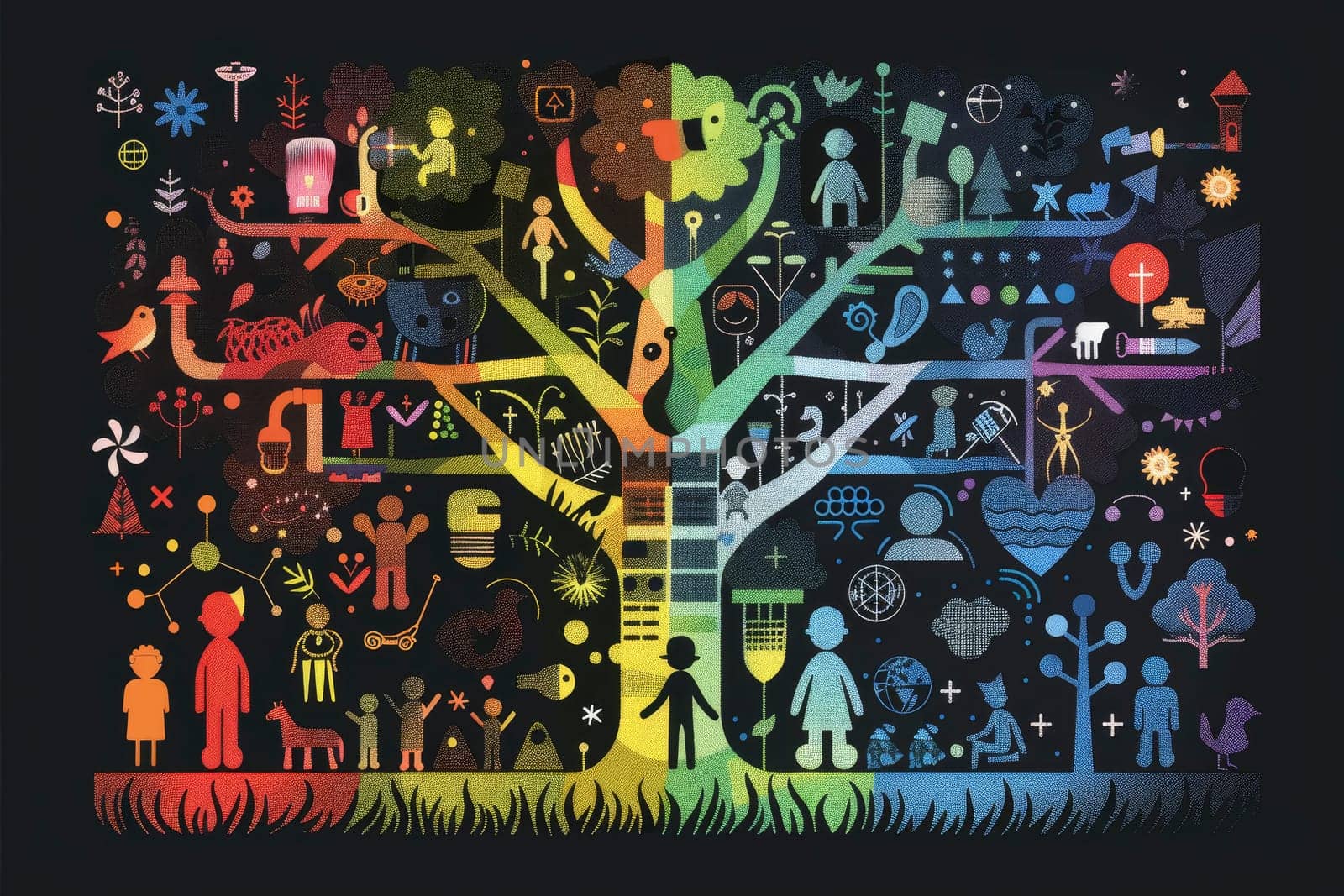 This vibrant illustration explores the complexity of the autism spectrum, using symbolic imagery to represent diverse experiences and perspectives. The colorful mosaic forms a narrative of connectivity and individuality