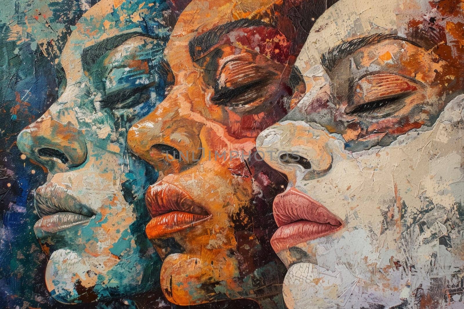 An expressive painting showcases a trio of faces in vibrant colors, their features melting into each other in a display of unity and diversity. The textured strokes add a dynamic and tactile quality to the artwork