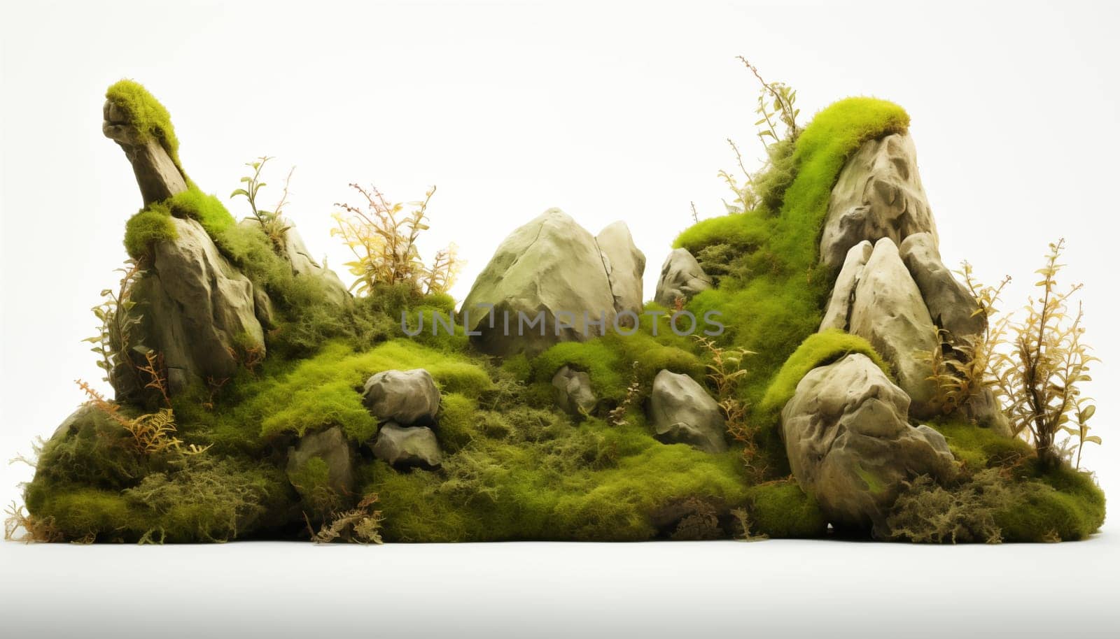 display of lush green Mosses showcasing various, isolated, white background. High quality photo