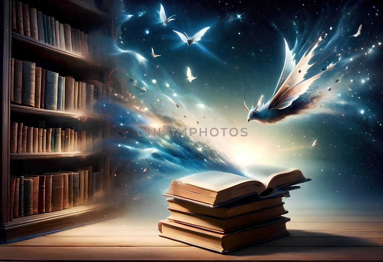 abstract magical world of library with books. by Rawlik