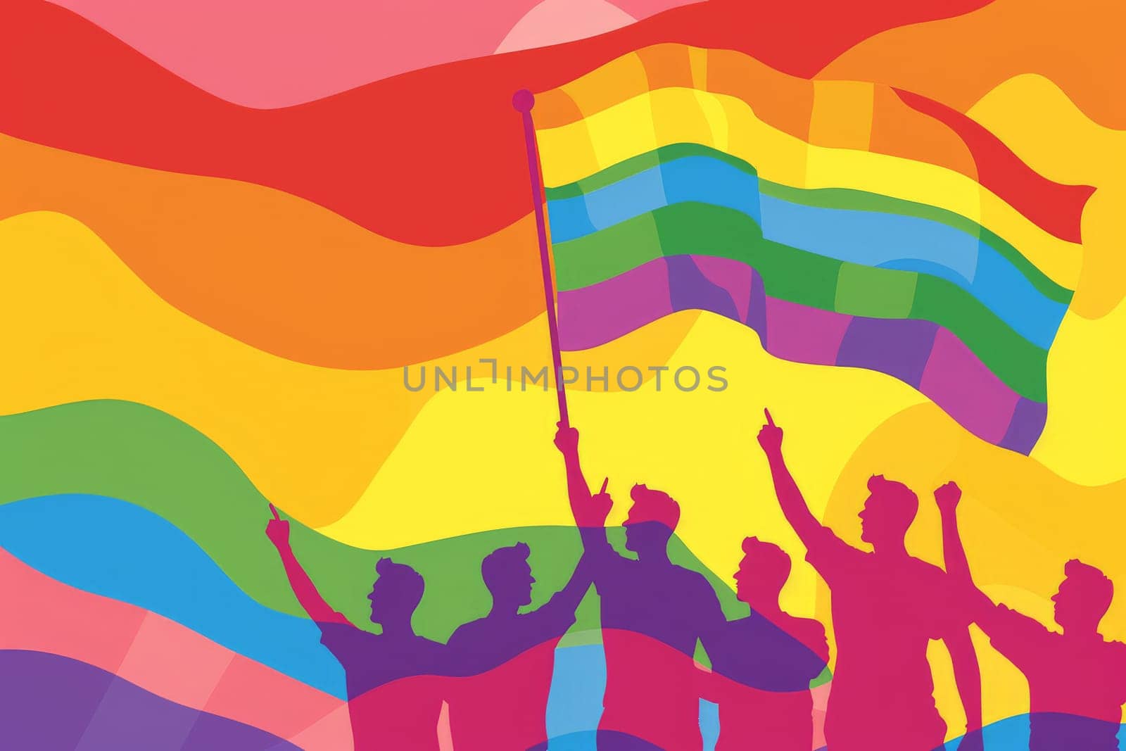 people holding rainbow flags. Pride Month and Day. love conquers all, generative ai.