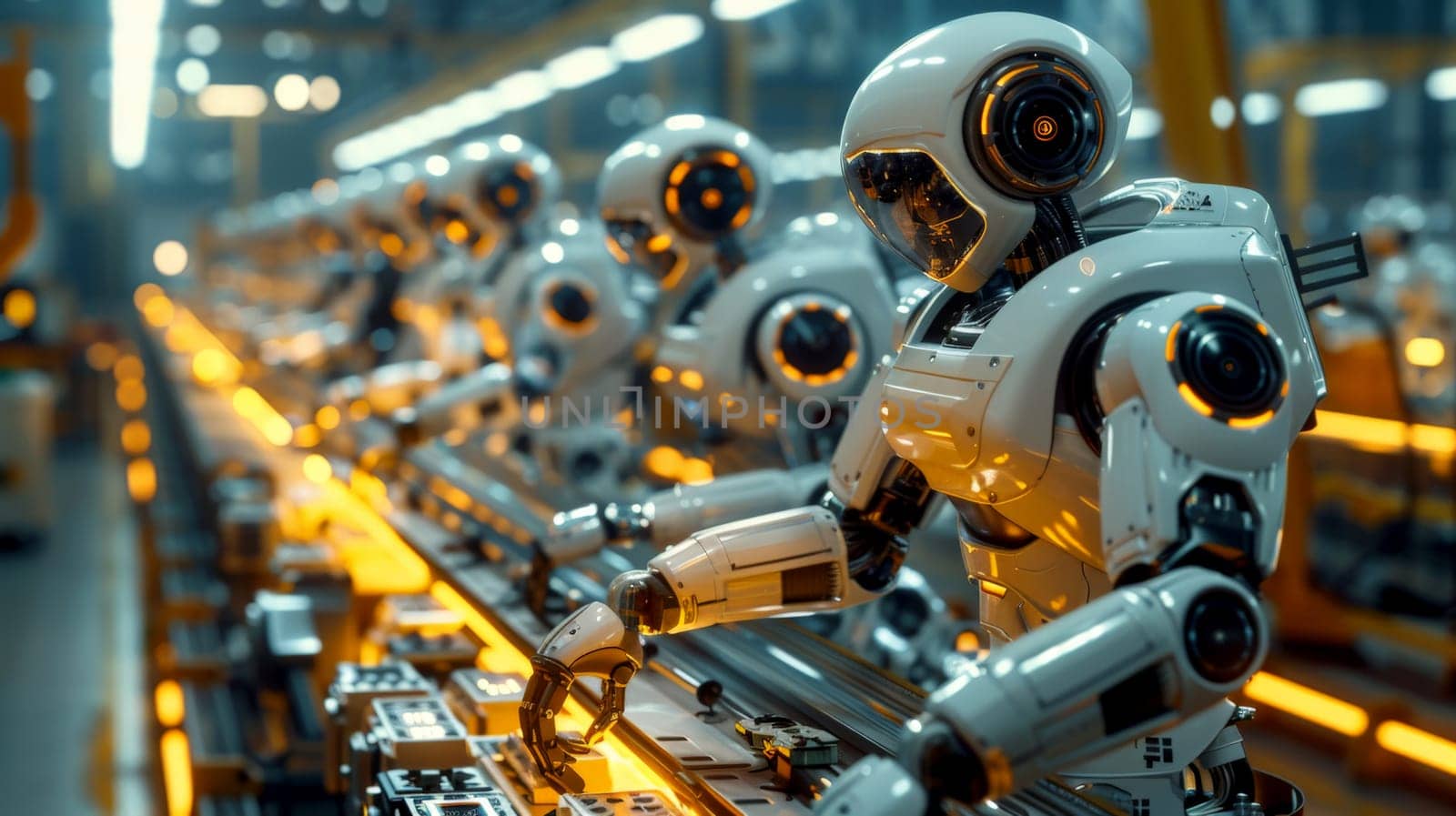 robot production line where products are manufactured by AI robots. Generative AI.