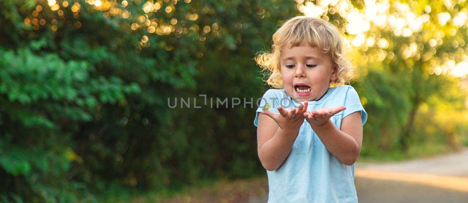 A child catches a butterfly in nature. Selective focus. Nature.