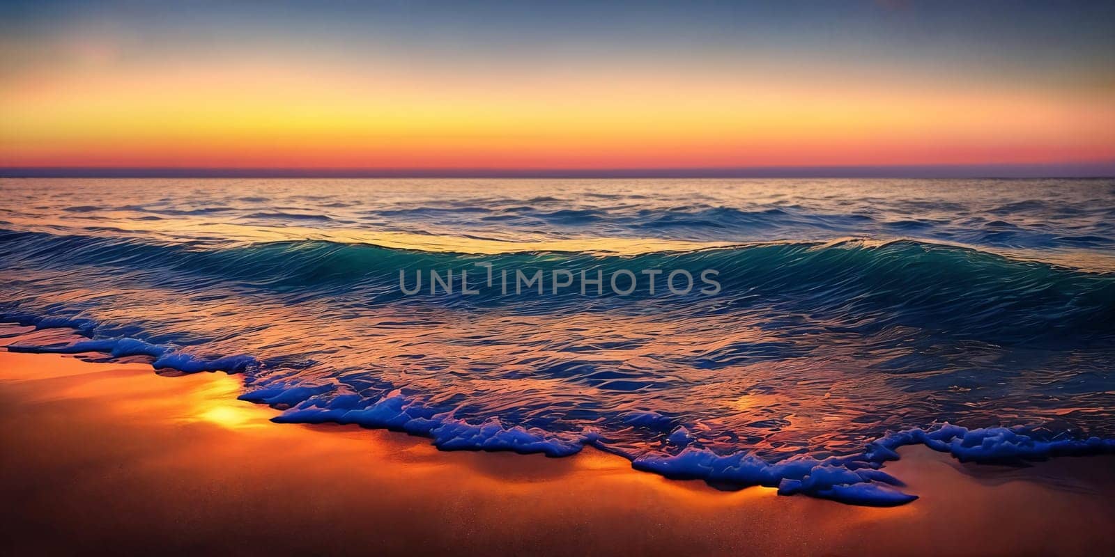 Sunset over the sea, waves on the foreground, panorama