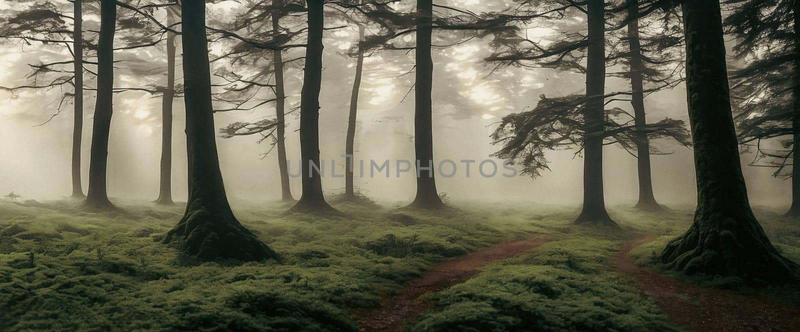 Serene beauty of a misty forest at sunrise, with the soft light filtering through the trees creating a magical atmosphere