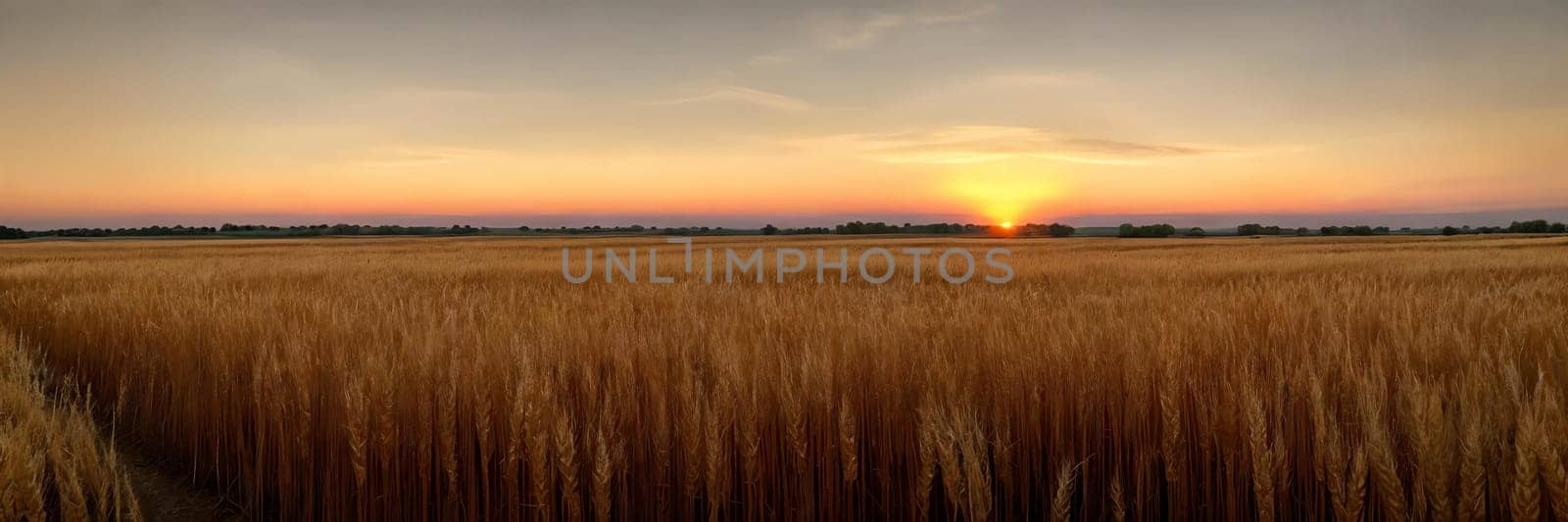 Tranquility of a vast wheat field at sunset, with the warm tones of the sky mirroring the golden hues of the ripe crops
