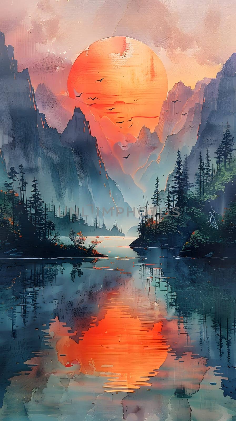 a painting of a sunset over a lake with mountains in the background by Nadtochiy