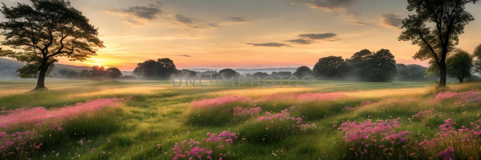Peacefulness of a countryside meadow bathed in the soft light of dawn, with a gentle mist hovering over the grass adding a touch of mystique to the scene