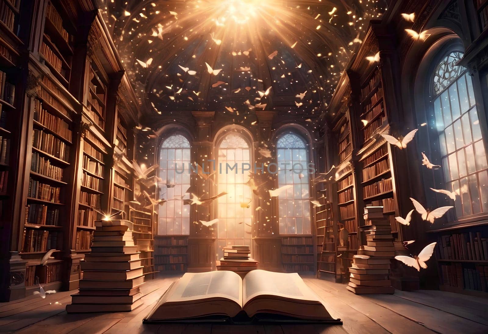 abstract magical world of library with books. AI generated image.