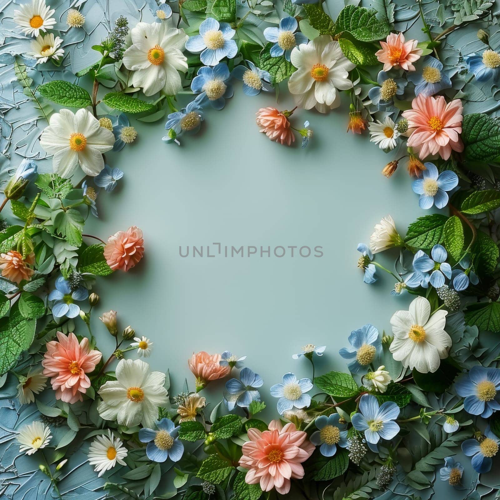 Wedding elegant flower frame on a light blue background. Generative AI by itchaznong