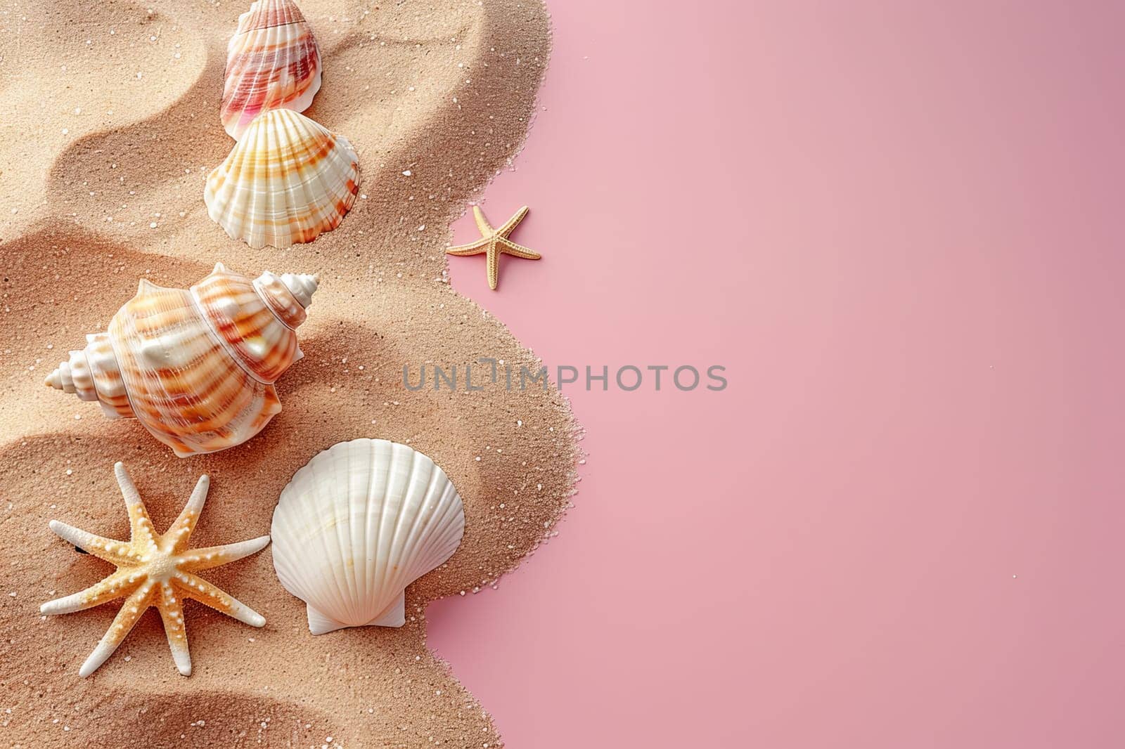 Top view Sand and seashell on a pink background. Generative AI.