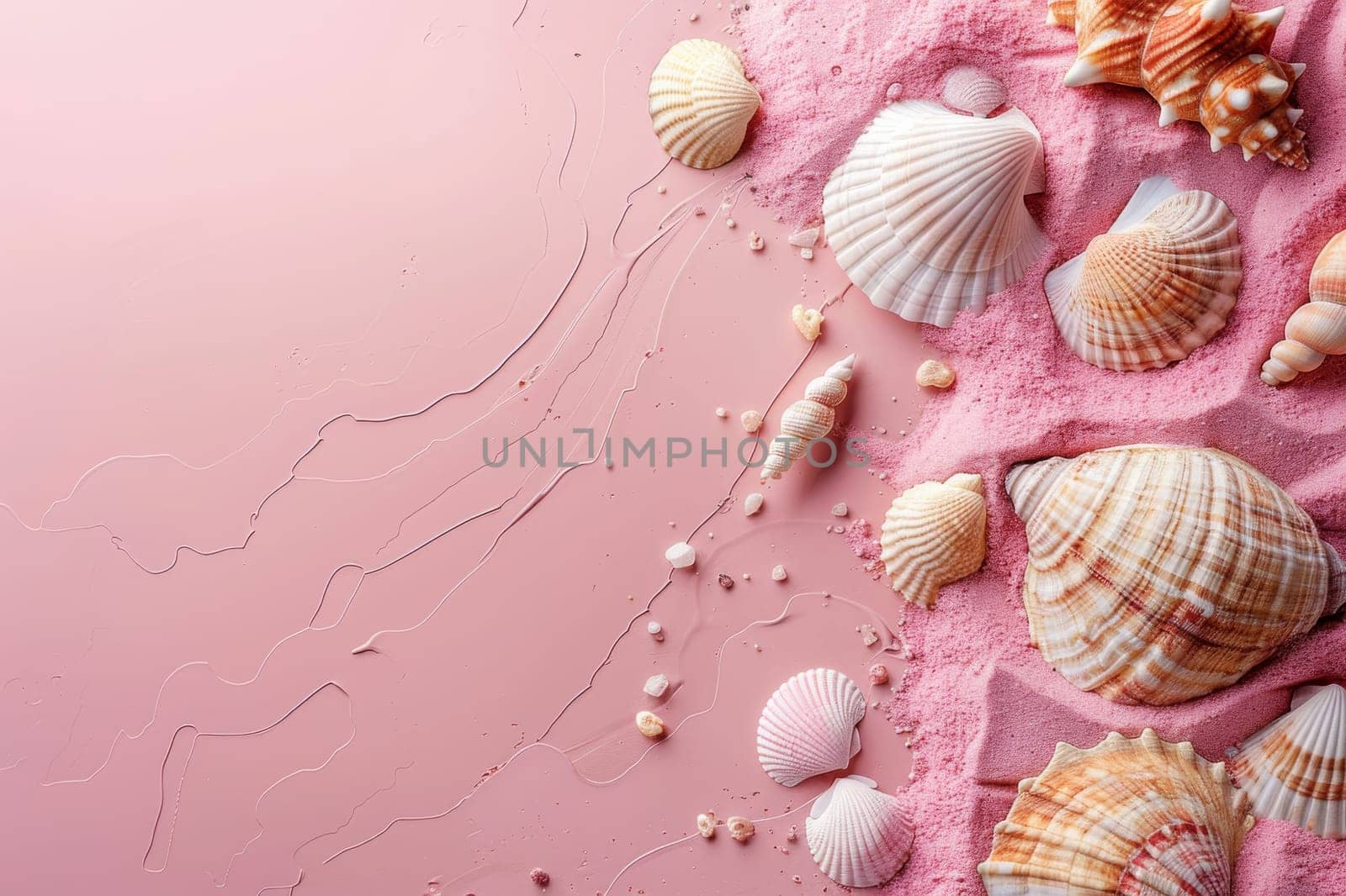 Top view Sand and seashell on a pink background. Generative AI by itchaznong