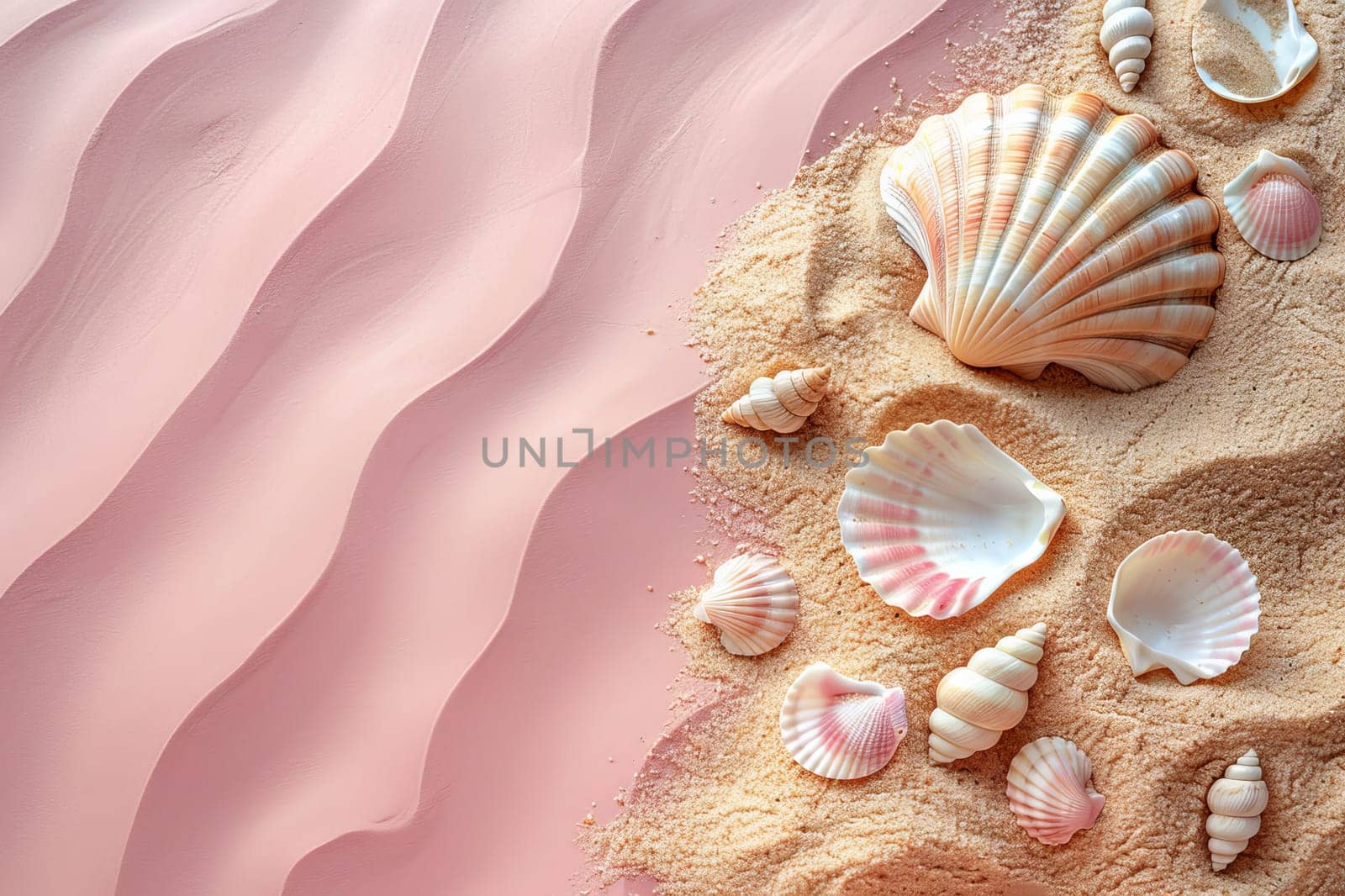 Top view Sand and seashell on a pink background. Generative AI.