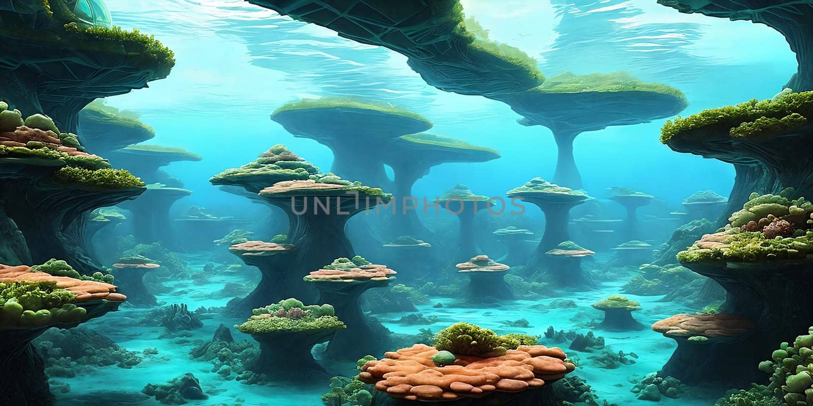 Utopian underwater city. Marvel at the transparent domes teeming with marine life, futuristic transit networks, and cutting-edge research hubs delving into the ocean's mysteries.