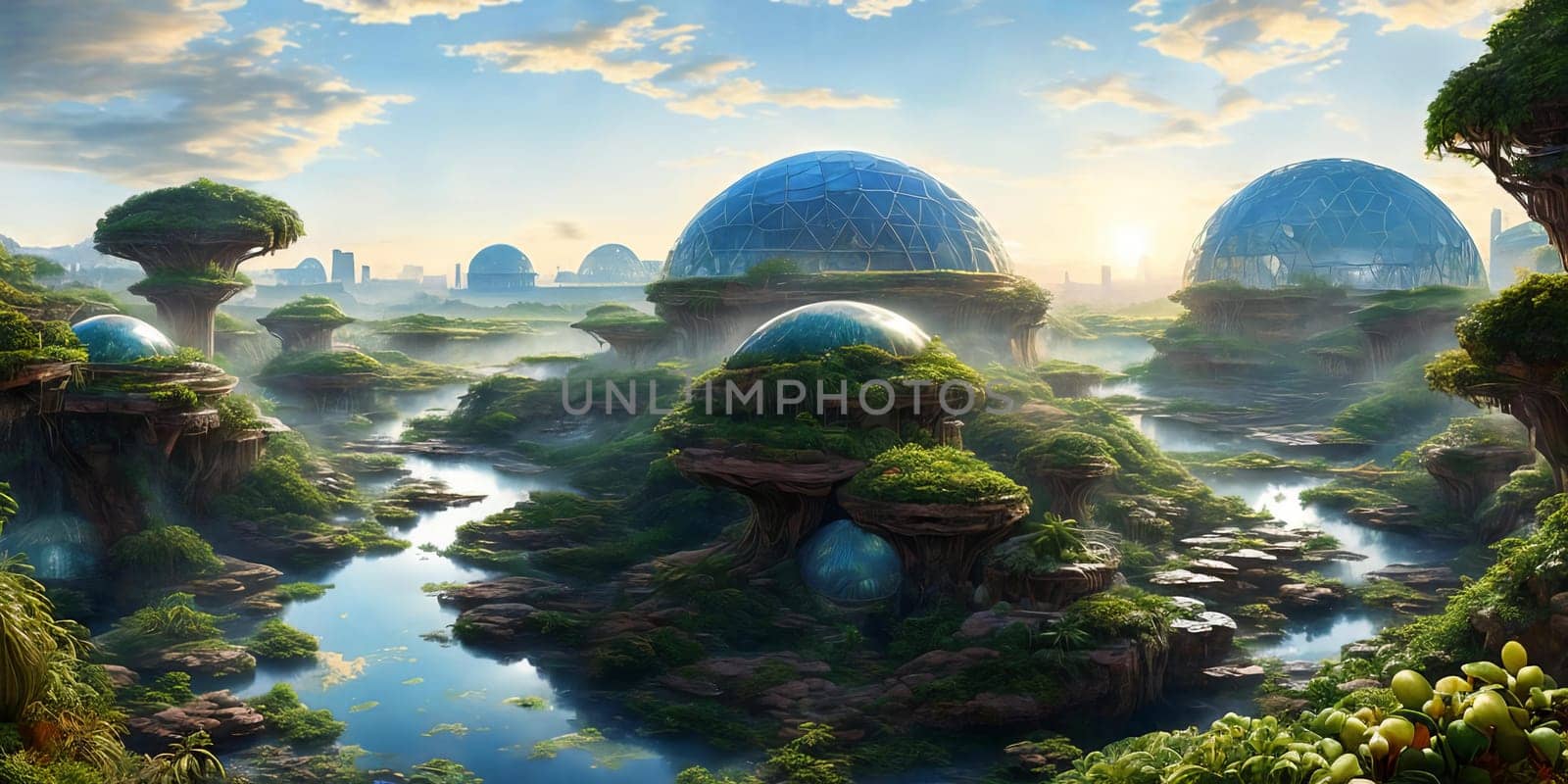 Vibrant biodome city on alien planet. diverse ecosystems, artificial, bioengineered. A futuristic oasis teeming with life innovation.
