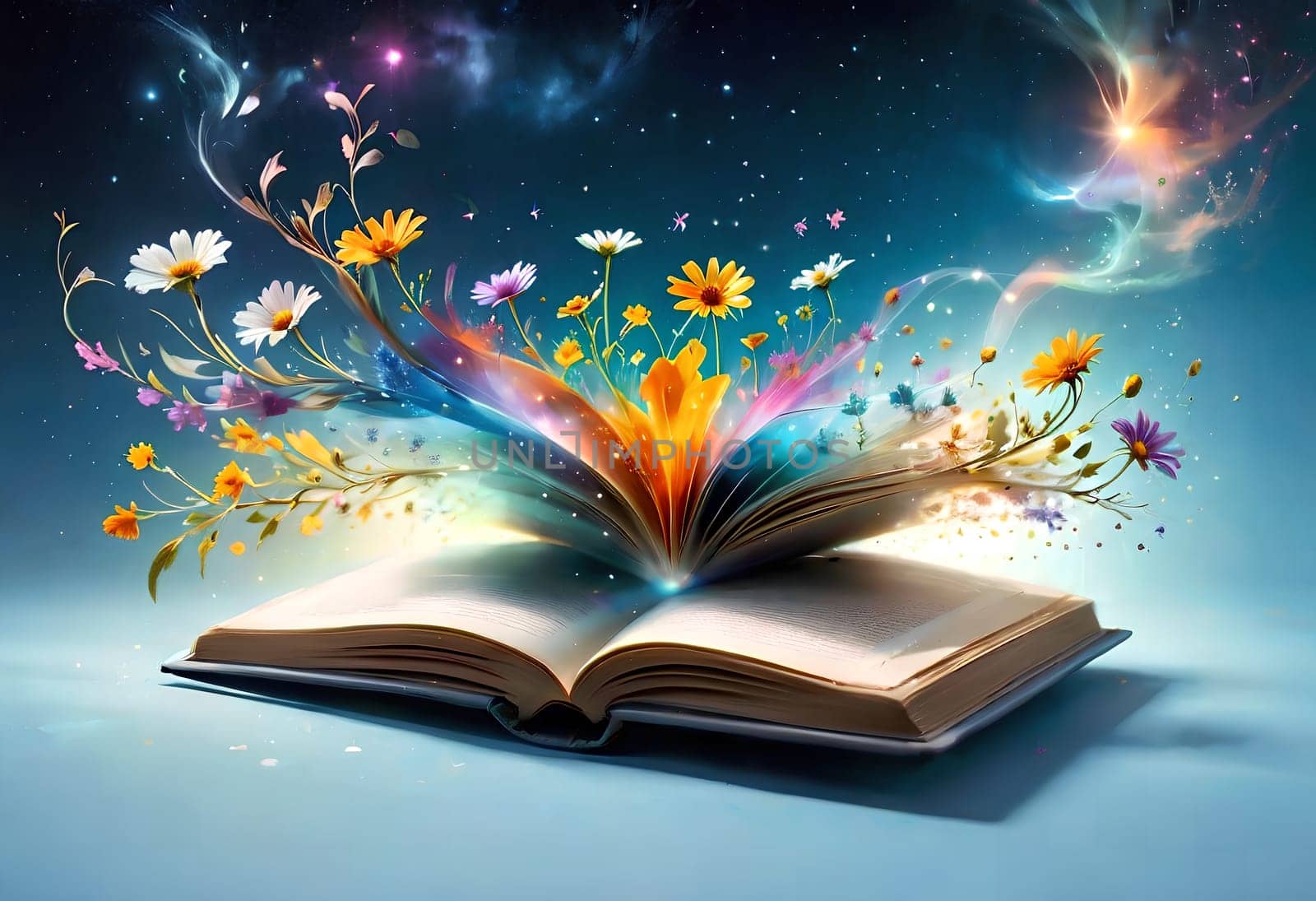 open book with a bouquet of wildflowers in a magical style on a blue background. AI generated image.