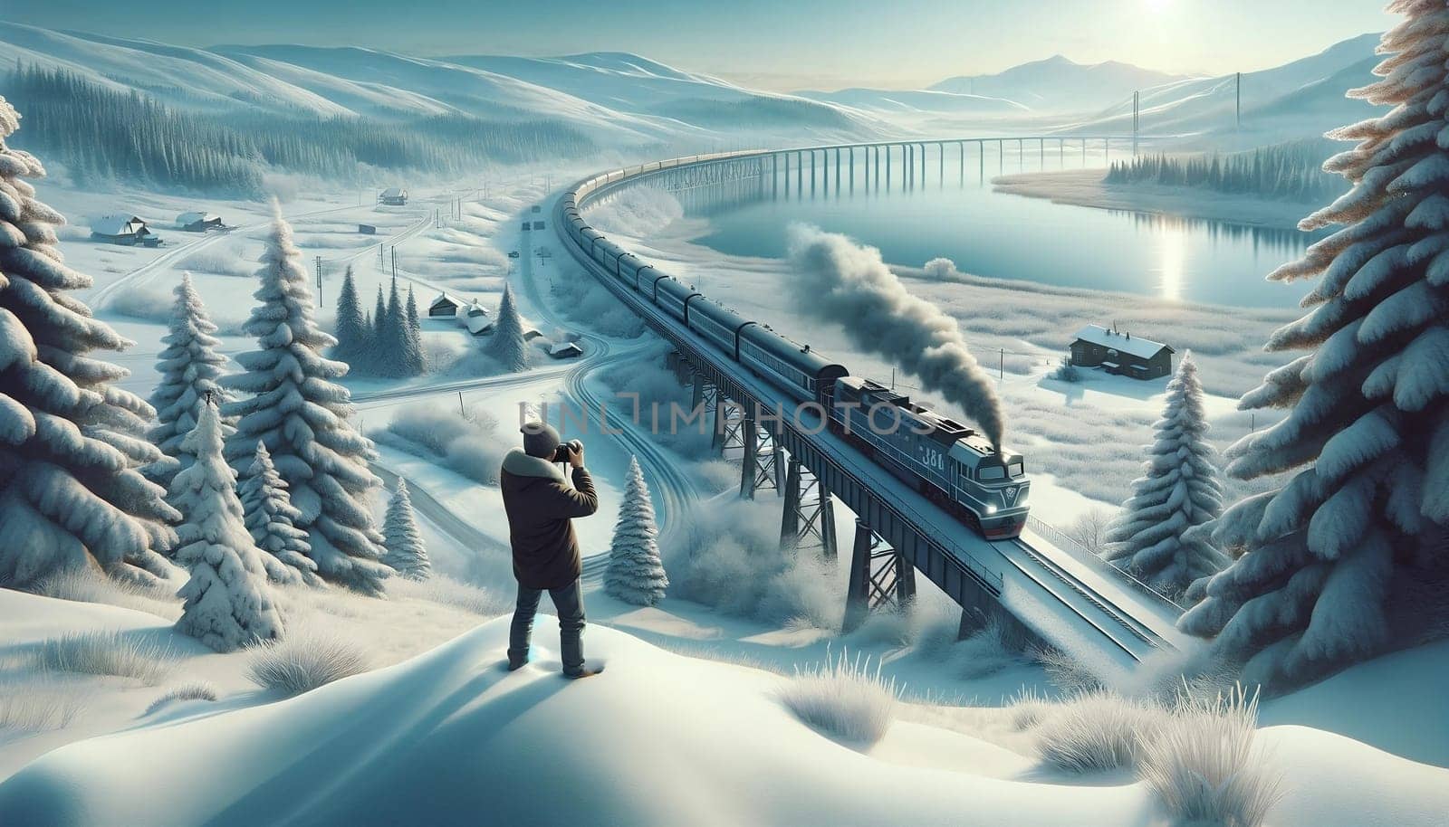 One Railfan or Train Buff Taking Photos of a Train in Winter Landscape. High quality photo