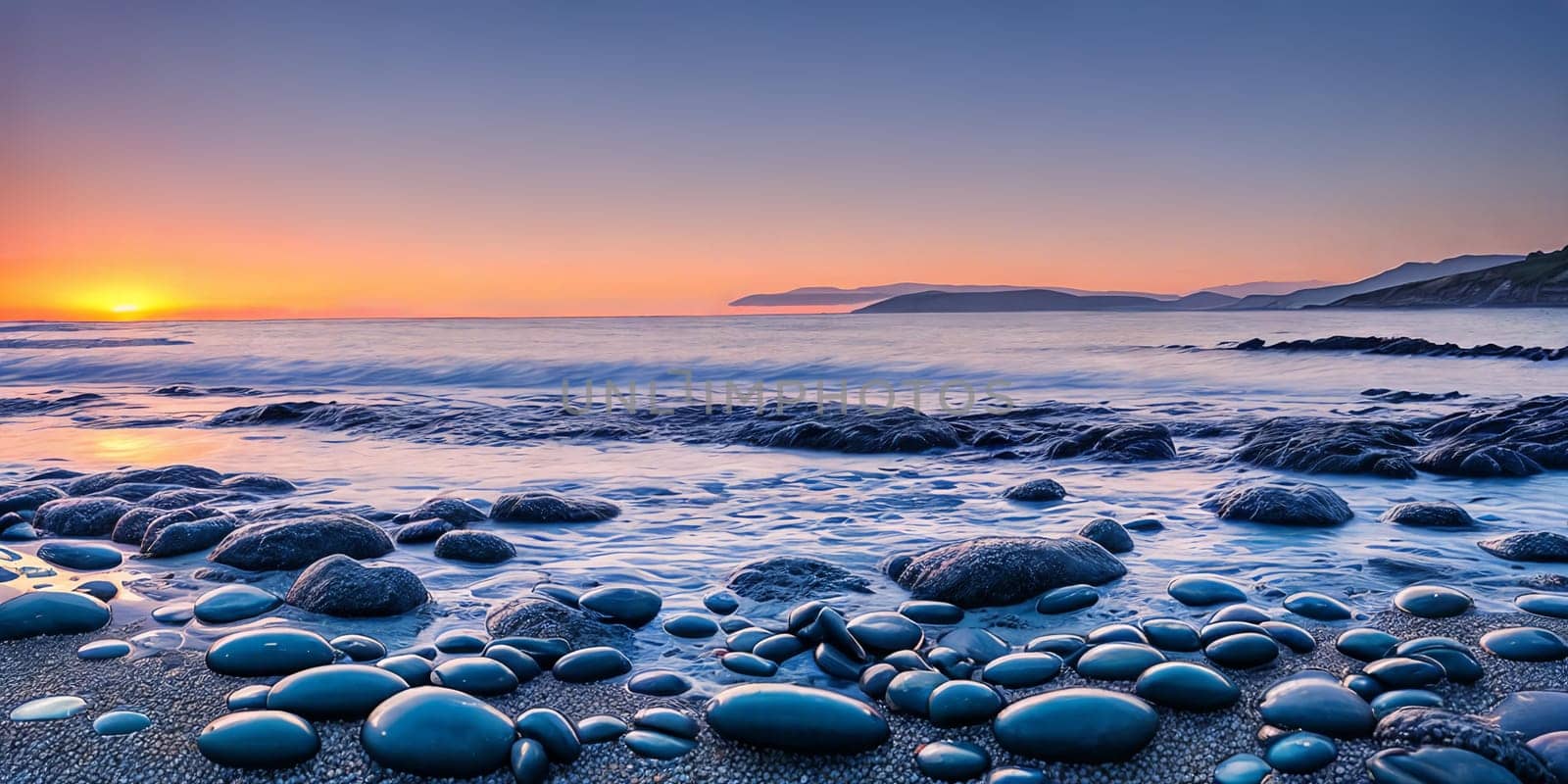 A serene pebble beach glows under the warm hues of the setting sun, casting long shadows as the waves gently caress the shoreline. Generative AI