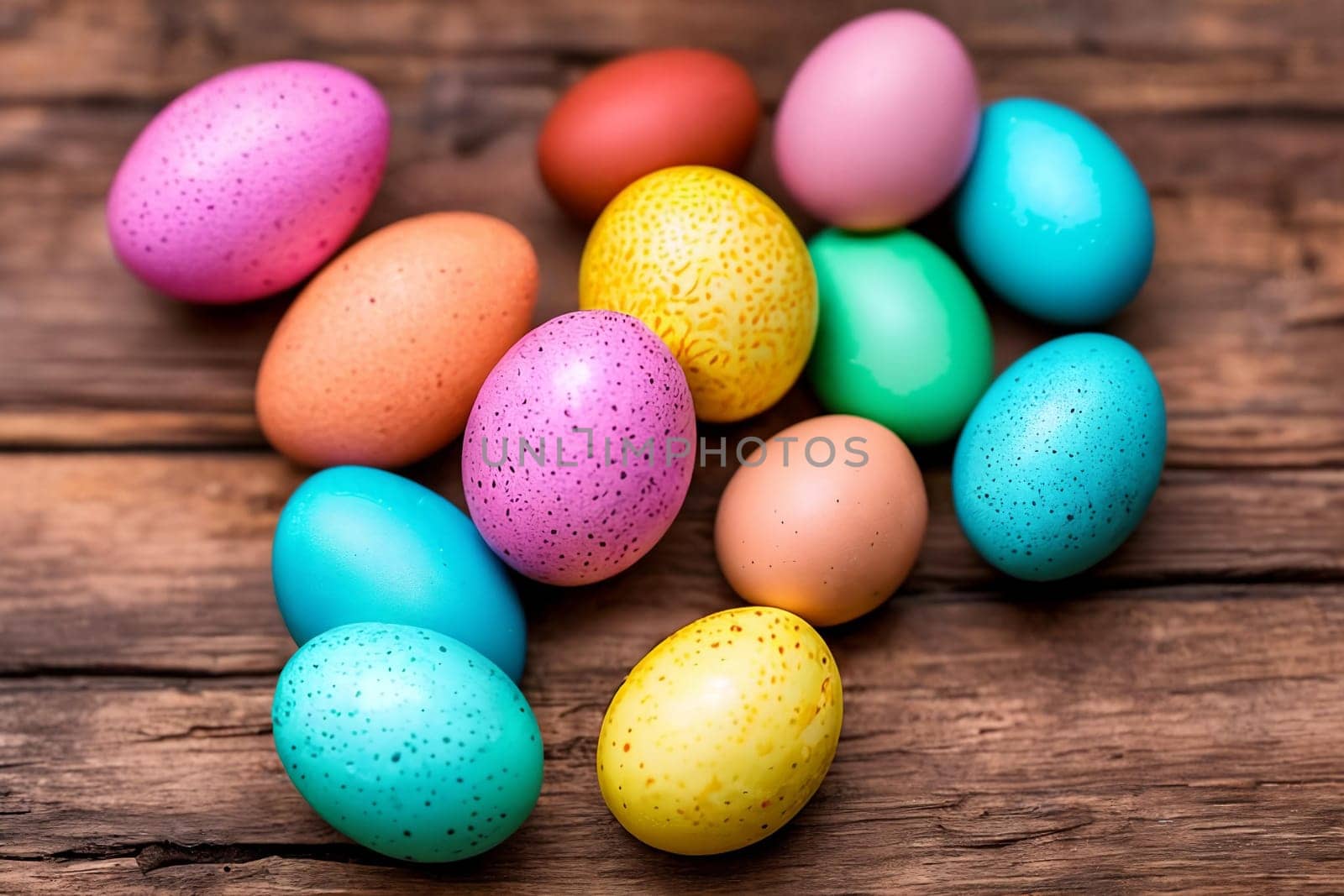 Vibrant Easter Eggs. A close-up image of colorful and intricately decorated Easter eggs arranged in a beautiful pattern on a rustic wooden background, emphasizing the unique designs and textures.