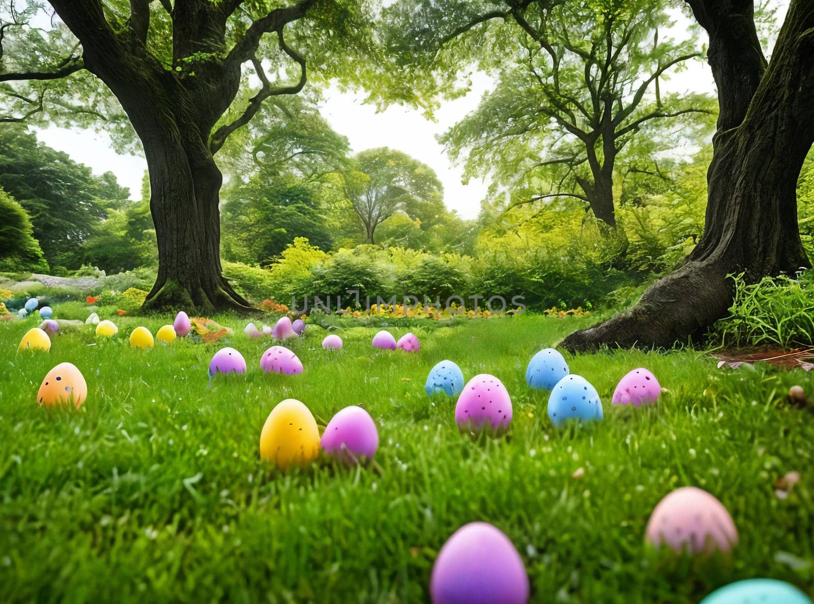 Easter Egg Hunt. A whimsical scene of hidden Easter eggs nestled among lush green grass, blooming flowers, and scattered foliage, creating a sense of excitement and discovery for the viewer.