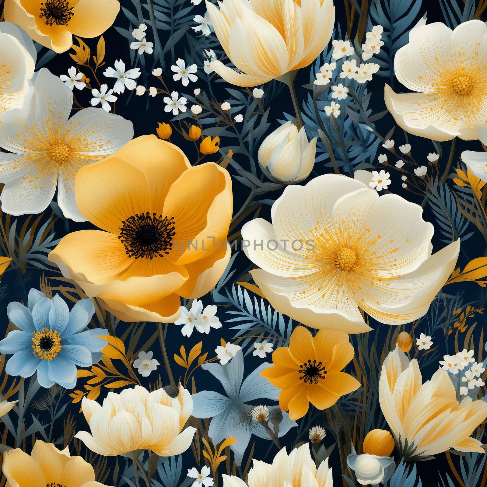 Seamless pattern tile background flowers and floral leaves plants. High quality photo