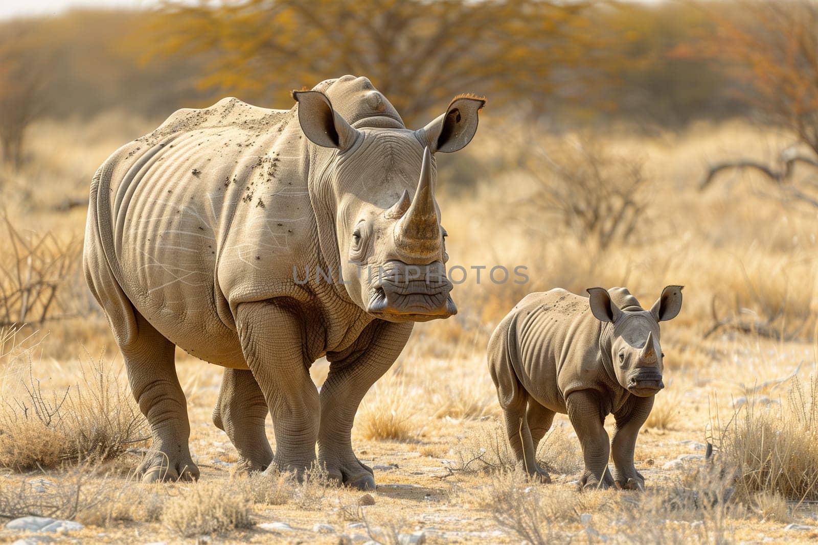 of a rhinoceros and its calf in Namibia.