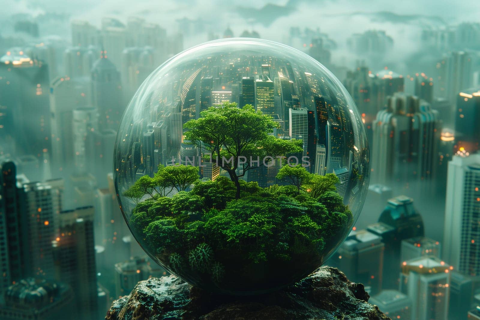 Against the background of a green city, there is a glass ball inside of which there are green trees and houses. Ecological concept