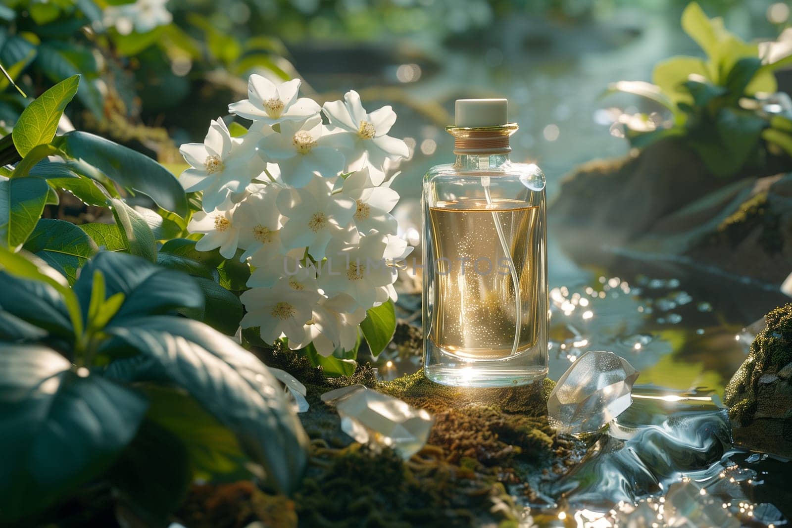 A bottle of perfume placed on a lush green, moss-covered ground next to a stream and white flowers. Combines elegance with nature in a simple but effective composition.