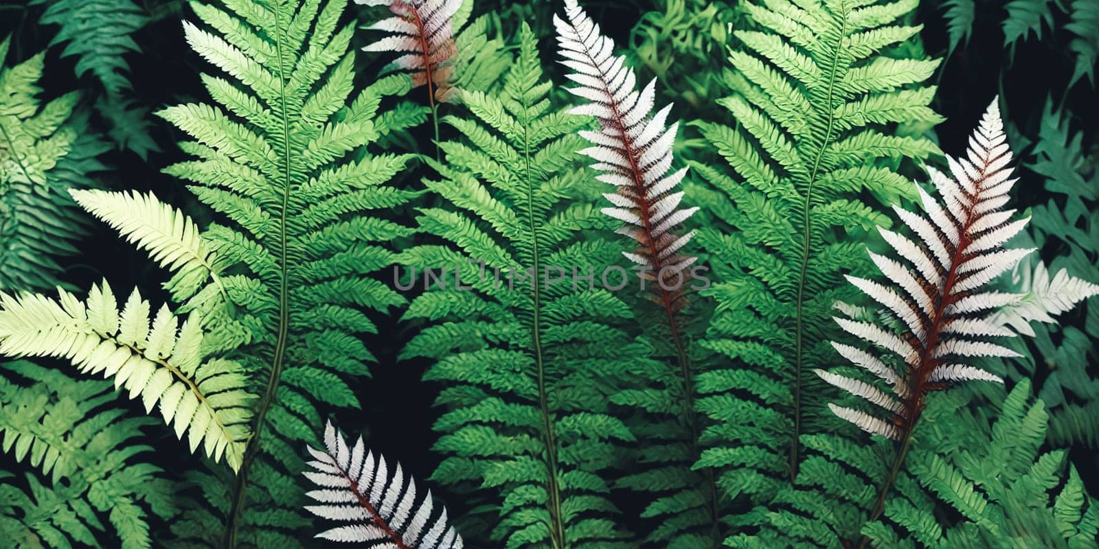 Elegance of nature. lush green botanical backdrop filled with different types of ferns, leaves, and foliage. Panorama