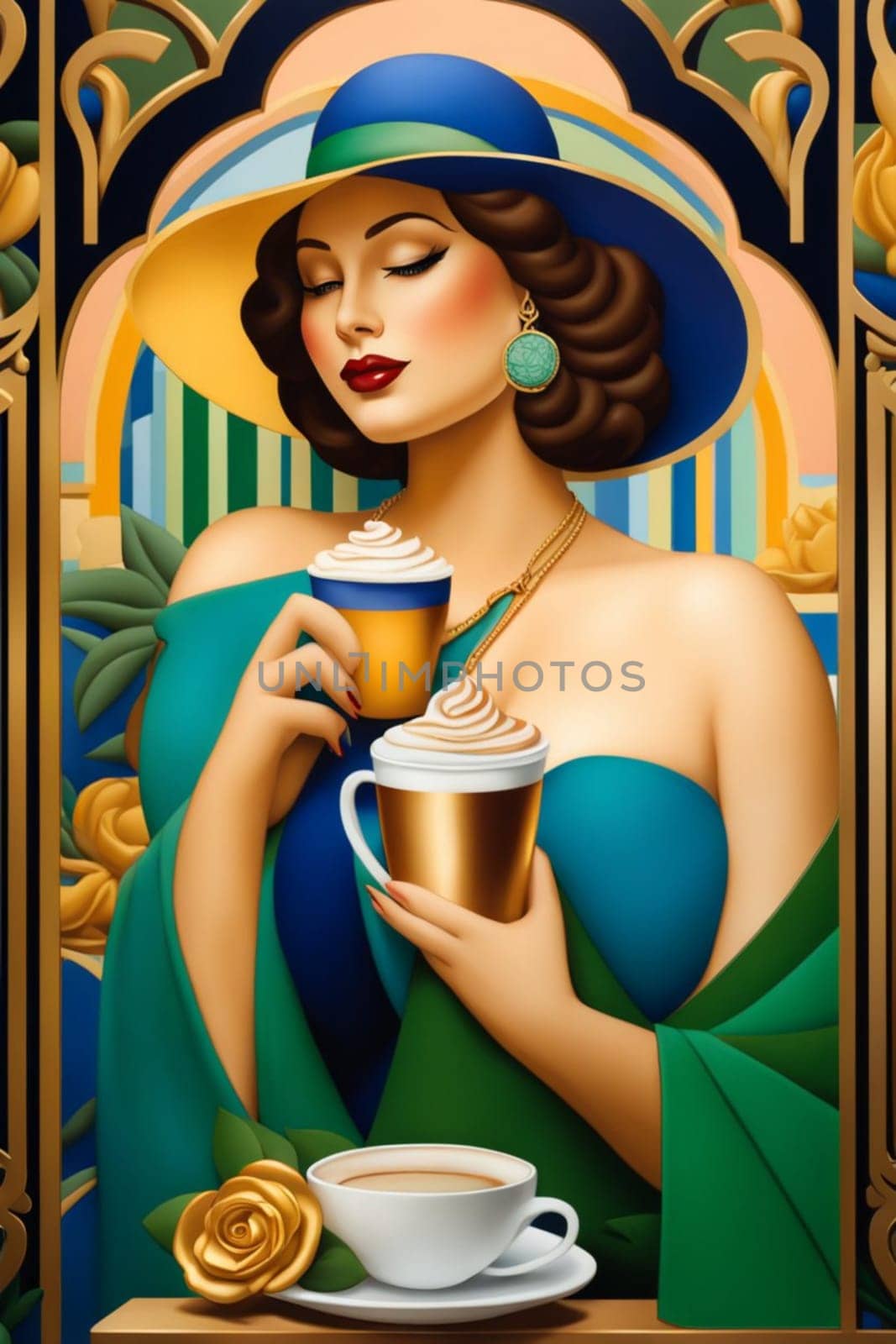 iilustration of voluptous female model having latte macchiato relax outdoors poolside in villa by verbano